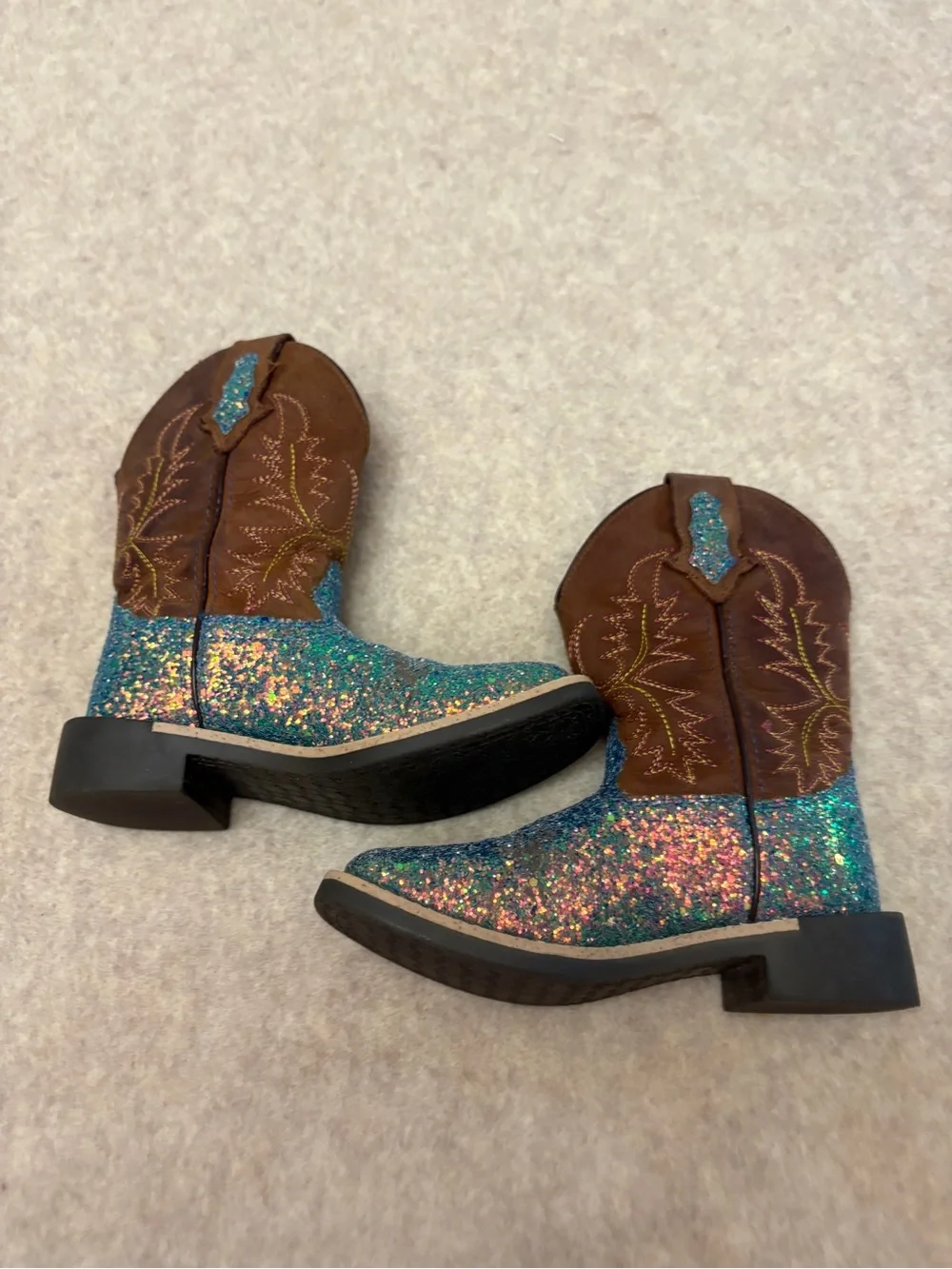 Smoky Mountain Glitter Blue Teal Brown Square Toe Western Cowgirl Boots Girls 11